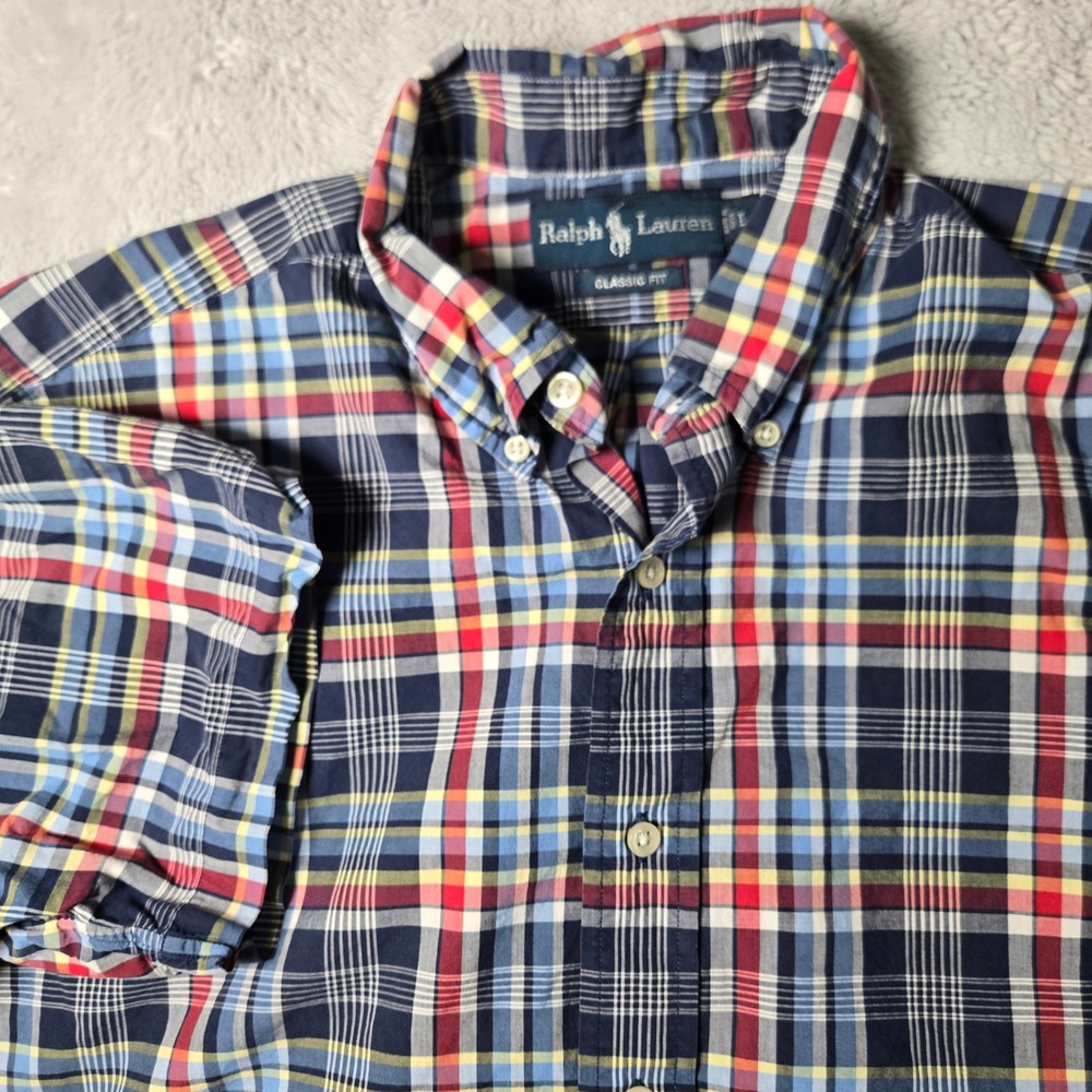 Ralph Lauren Mens Classic Fit Plaid Short Sleeve‎ Button Down Shirt Navy Red L